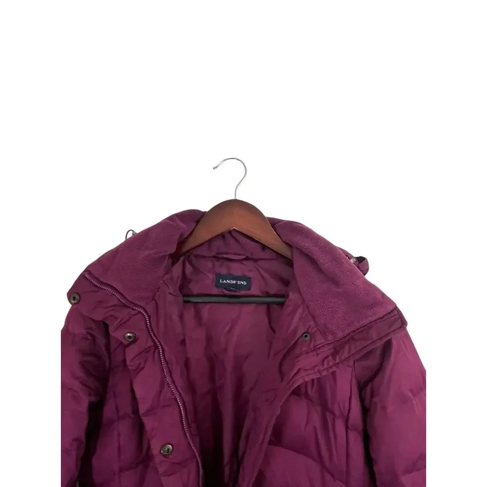 Lands' End Women's Jacket Puffer Coat XS Down Maroon Magenta Removable Hood Midi